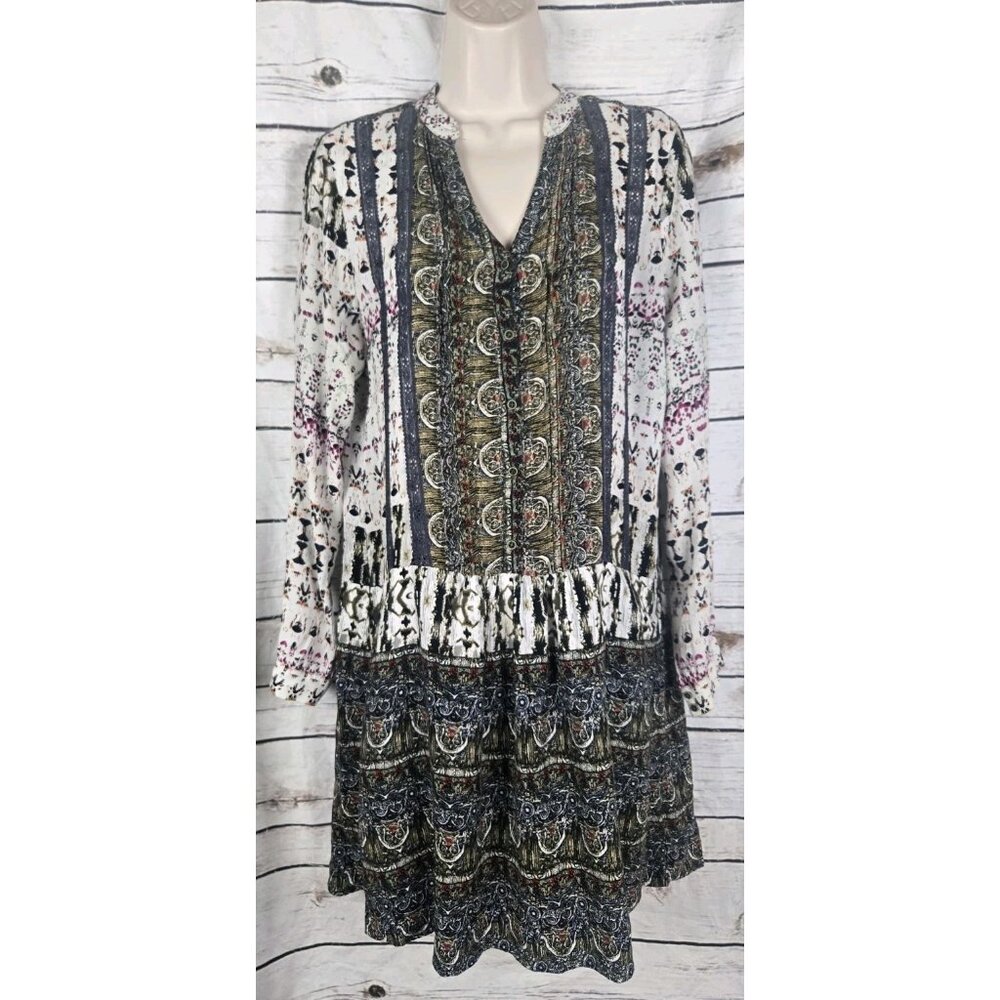 Anthropologie Tiny Shirt Dress M Ruffle Drop Waist Rayon Long Sleeves Boho